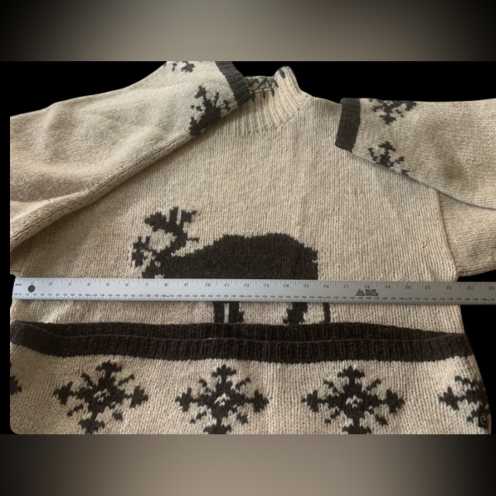 Muskoka Lakes Wool Sweater Pull on Cardigan Funnel Neck Moose & Snow Beige BRN L - Picture 12 of 15